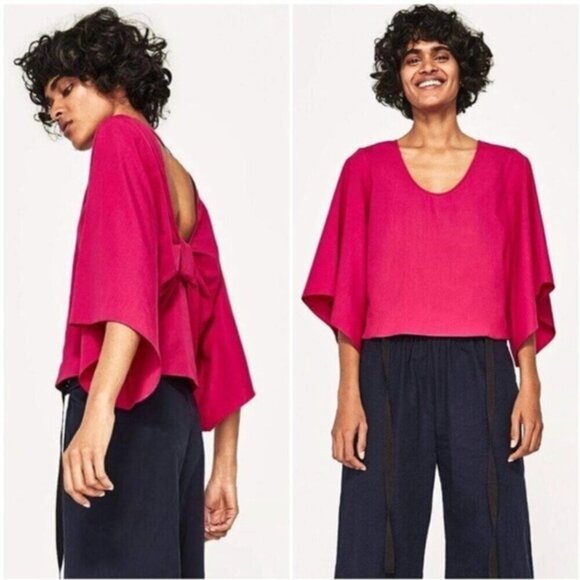 Zara Fuchsia Wide Sleeve Bow Cropped Blouse Size M NWOT - Picture 3 of 5